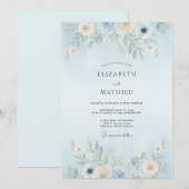 Puderblaue Blatt-Hochzeit Einladung (Vorne/Hinten)