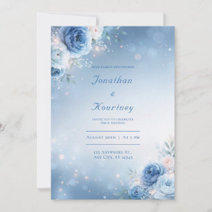 Puderblaue funkelnde Blumenrand-Hochzeit Einladung