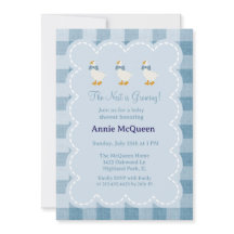 Puderblaue Gingham-Gans-Baby-Party-Einladung