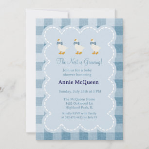 Puderblaue Gingham-Gans-Baby-Party-Einladung Einladung