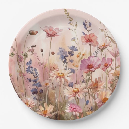 Puderrosa Hintergrund mit Wildblumen Pappteller (Vorderseite)