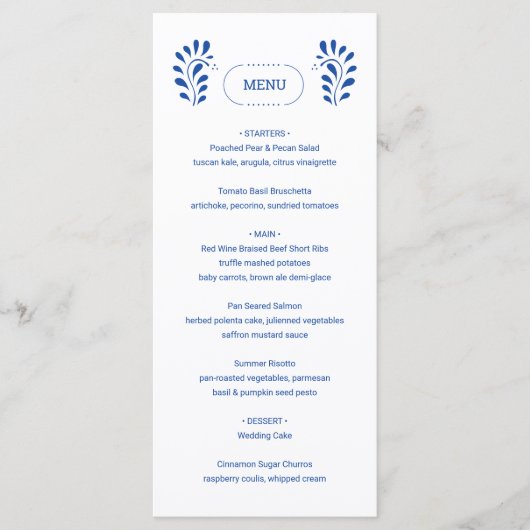 Puebla Style Blau mexikanisches Hochzeitsmenü Programm (Vorderseite)