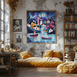 Pueblo Costero Nocturno: Paisaje Folk y Naive. Poster