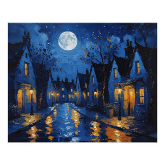 Pueblo de noche con luces poster