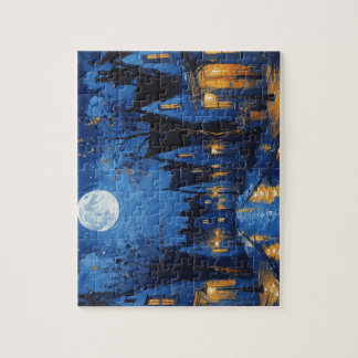 Pueblo de noche con luces y faroles puzzle