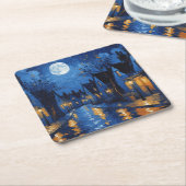 Pueblo de noche con luces y faroles rechteckiger pappuntersetzer (angewinkelt)