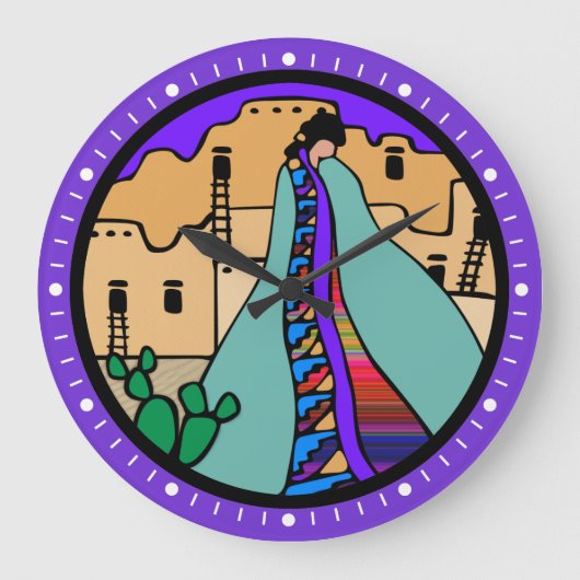 Pueblo-gebürtiger Amerikaner-Uhr mit lila Grenze Große Wanduhr (Vorderseite)