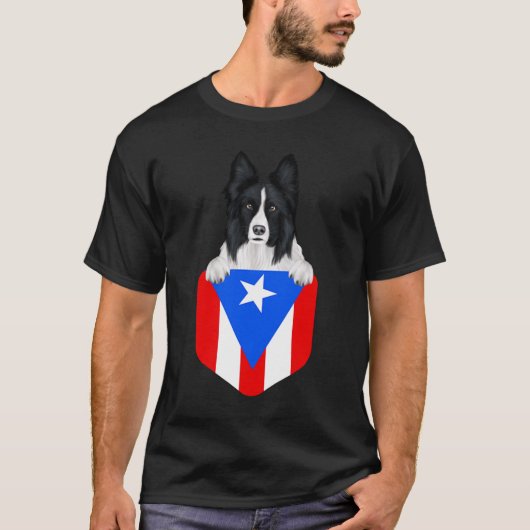 Puerto Rico Flag Border Collie Dog in Pocket T-Shirt (Vorderseite)