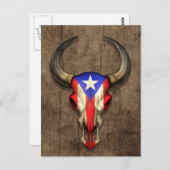 Puerto Rico Flag Bull Skull auf Holzeffekt Postkarte (Vorne/Hinten)