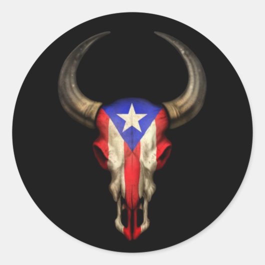 Puerto Rico Flag Bull Skull auf Schwarz Runder Aufkleber (Vorderseite)