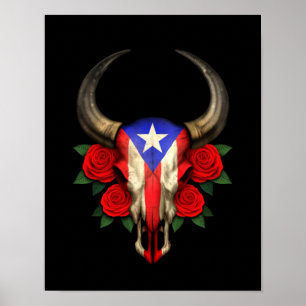 Puerto Rico Flag Bull Skull mit Rote Rosen Poster