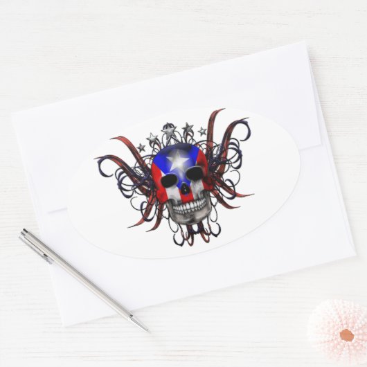 Puerto-Rico-Flagge - Schädel Ovaler Aufkleber (Umschlag)