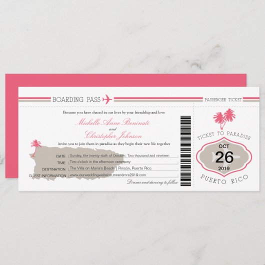 Puerto Rico Palm Tree Wedding Boarding Pass Einladung (Vorne/Hinten)