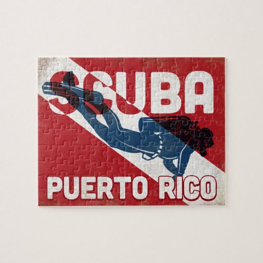 Puerto Rico Scuba Diver - Blue Retro Puzzle (Horizontal)