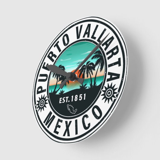 Puerto Vallarta Mexico Retro Sunset Souvenirs 60er Runde Wanduhr (Winkel)