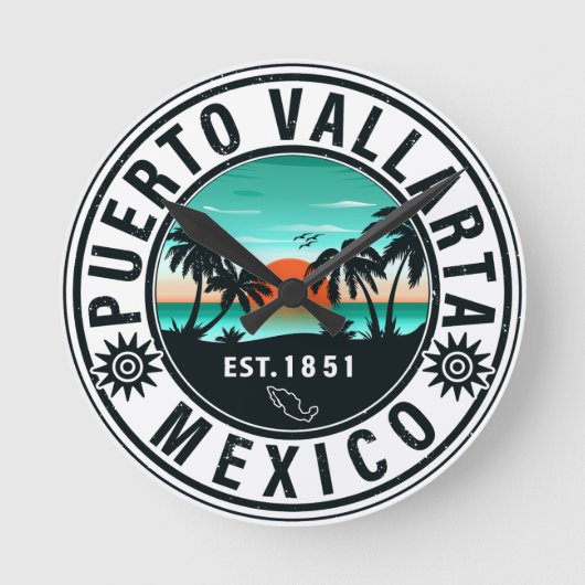 Puerto Vallarta Mexico Retro Sunset Souvenirs 60er Runde Wanduhr (Vorderseite)
