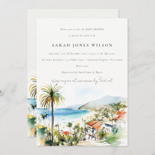 Puerto Vallarta Mexico Watercolor Baby Shower Einladung (Vorne/Hinten)