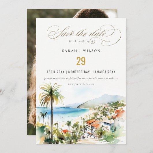 Puerto Vallarta Mexico Watercolor Photo Wedding Save The Date (Vorne/Hinten)