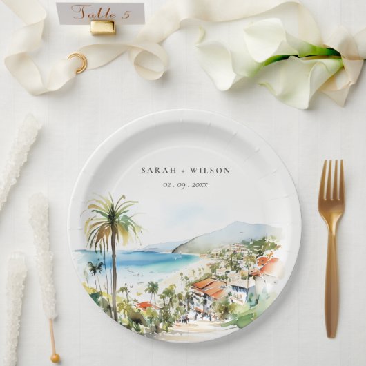 Puerto Vallarta Mexico Watercolor scape Wedding Pappteller (Hochzeit)