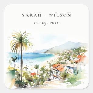 Puerto Vallarta Mexiko Aquarell-Landschaft Hochzei Quadratischer Aufkleber