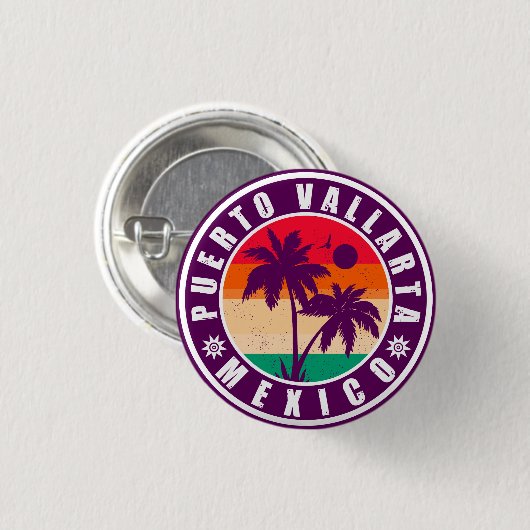 Puerto Vallarta Palm Tree Retro Souvenir 80er Button (Vorne & Hinten)