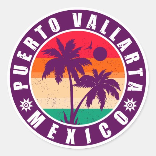 Puerto Vallarta Palm Tree Retro Souvenir 80er Runder Aufkleber (Vorderseite)