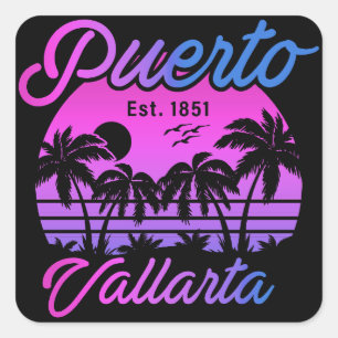 Puerto Vallarta Retro-Sonnenuntergang 80er Palmen Quadratischer Aufkleber
