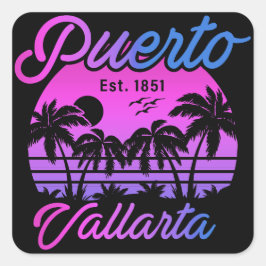 Puerto Vallarta Retro Sunset 80er Palm Trees Quadratischer Aufkleber