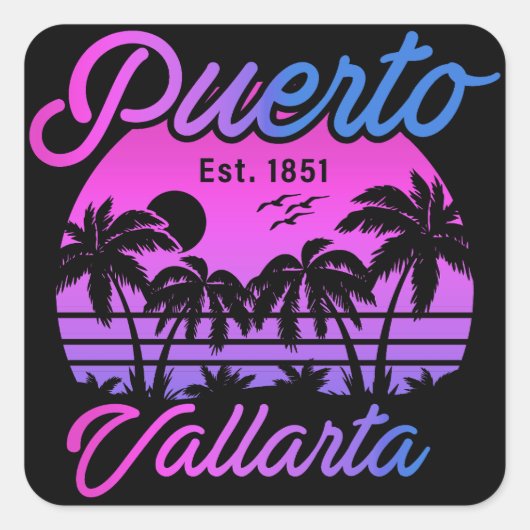 Puerto Vallarta Retro Sunset 80er Palm Trees Quadratischer Aufkleber (Vorderseite)