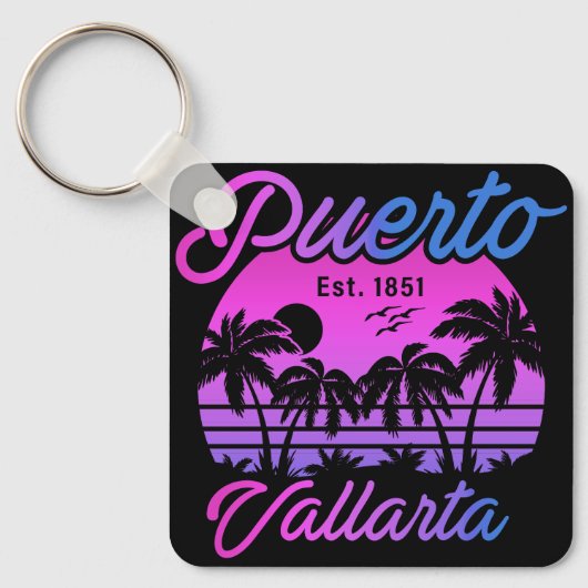 Puerto Vallarta Retro Sunset 80er Palm Trees Schlüsselanhänger (Vorderseite)