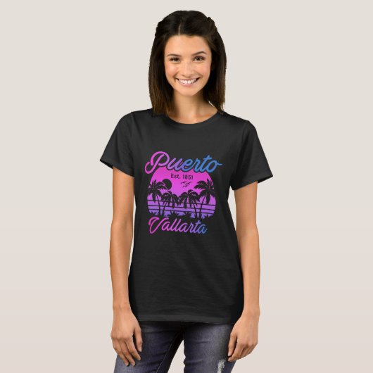 Puerto Vallarta Retro Sunset 80er Palm Trees T-Shi T-Shirt (Vorne ganz)