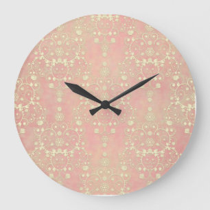 Puff Pink Peach Damask Große Wanduhr