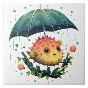 Puffer Fisch Regentag mit Regenschirm Fliese