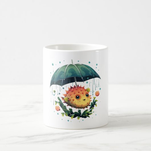 Puffer Fisch Regentag mit Regenschirm Kaffeetasse (Mittel)