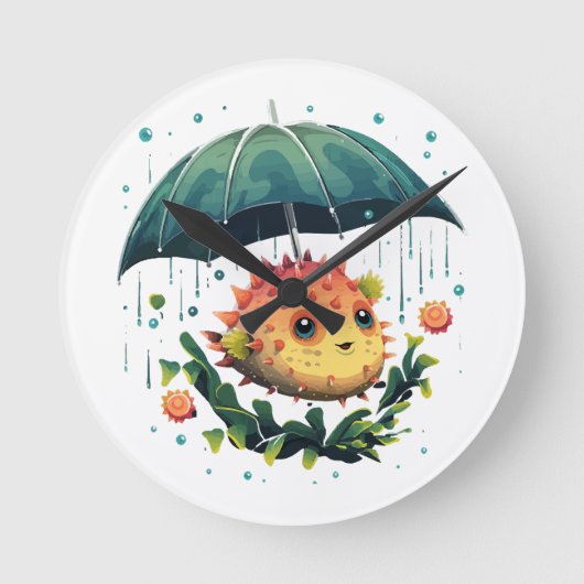 Puffer Fisch Regentag mit Regenschirm Runde Wanduhr (Vorderseite)