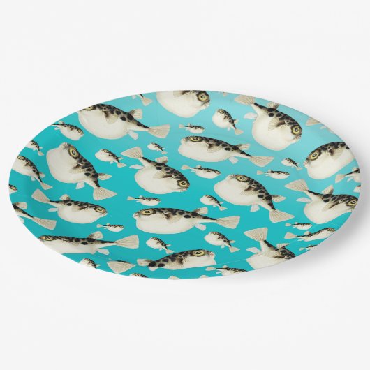 Pufffisch aquamarin pappteller (Schrägansicht)