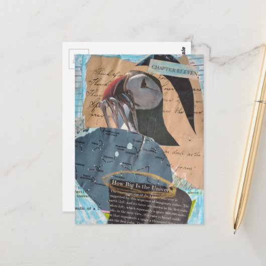 Puffin and Fish Chapter Eleven Mixed Media Collage Postkarte (Vorderseite/Rückseite Beispiel)