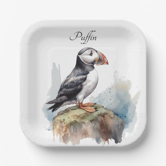 Puffin auf einer Felsenwasserfarbe, nach Maß Pappteller (Vorderseite)