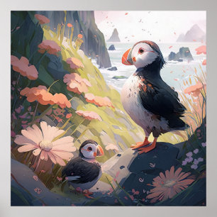 Puffin Bird Portrait Animal Painting Free Poster
