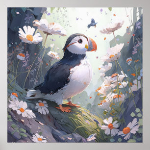 Puffin Bird Portrait Animal Painting Free Poster