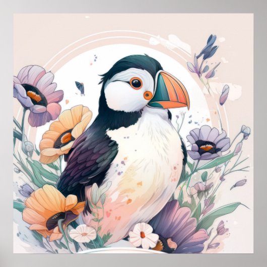 Puffin Bird Portrait Animal Painting Free Poster (Vorne)