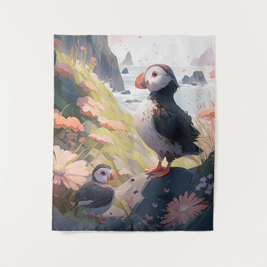 Puffin Bird Portrait Animal Painting Free Wandteppich (Vorderseite)