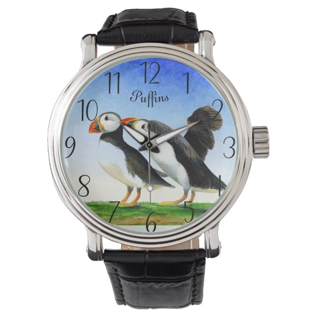 Puffin Bird Wasserfarbenmalerei Armbanduhr (Vorderseite)