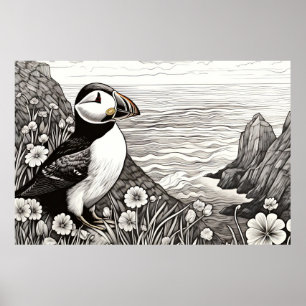 Puffin Friedliche Natur Klippe Sketch Zeichnend St Poster