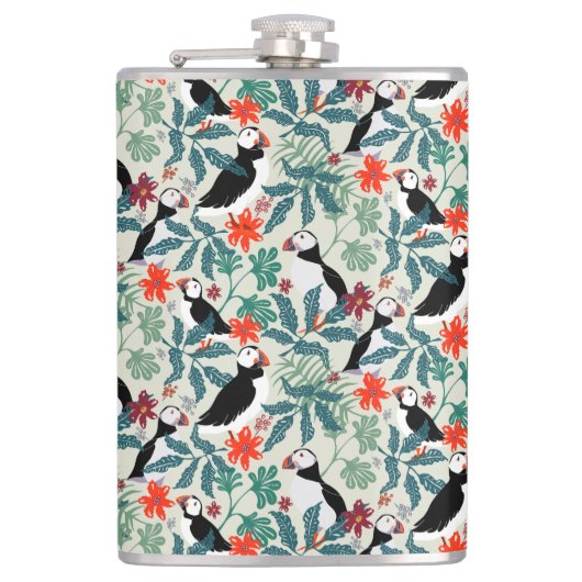 Puffin Muster Warm Beige Flachmann (Vorderseite)