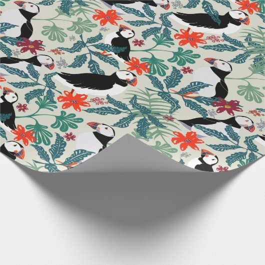 Puffin Muster Warm Beige Geschenkpapier (Ecke)