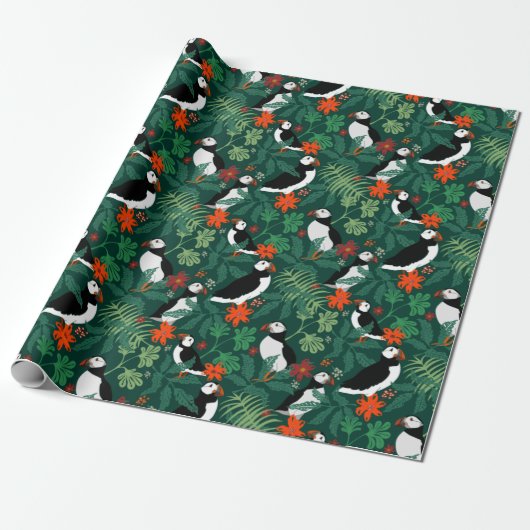 Puffin Pattern Lush Green Geschenkpapier (Ungerollt)
