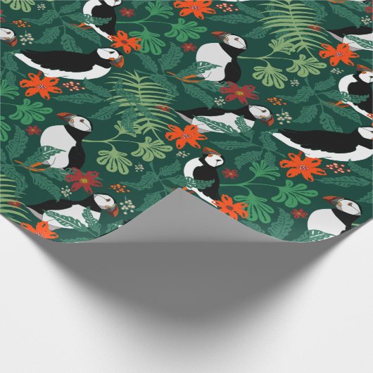 Puffin Pattern Lush Green Geschenkpapier (Ecke)