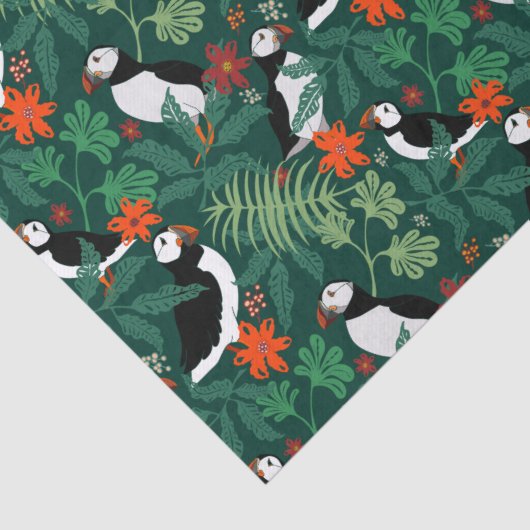 Puffin Pattern Lush Green Seidenpapier (Detail)
