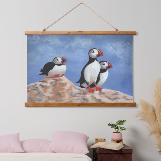 Puffin Trio Wandteppich Mit Holzrahmen (Schlafzimmer)